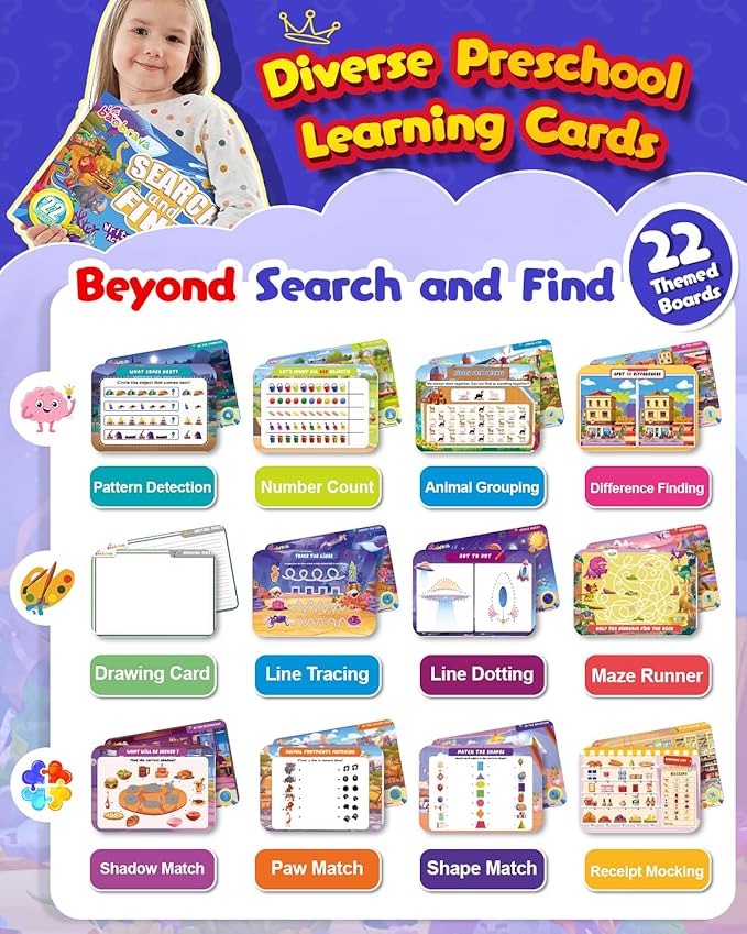 Search and Find: 22 Preschool Learning Activities for Kids 3-8 | Travel Games for Car and Airplane | Toddler Learning Toys | Board Games and Activitys Book for Kids | Back to School Gifts