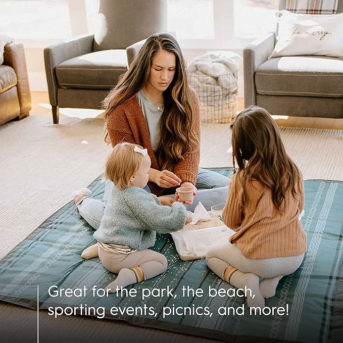 Little Unicorn 5'x7' Outdoor Family Picnic & Beach Blanket | Durable & Water-Resistant Fabric | Compact Fold & Easily Wipes Clean | Zipper Pocket (Shoreline Stripe)