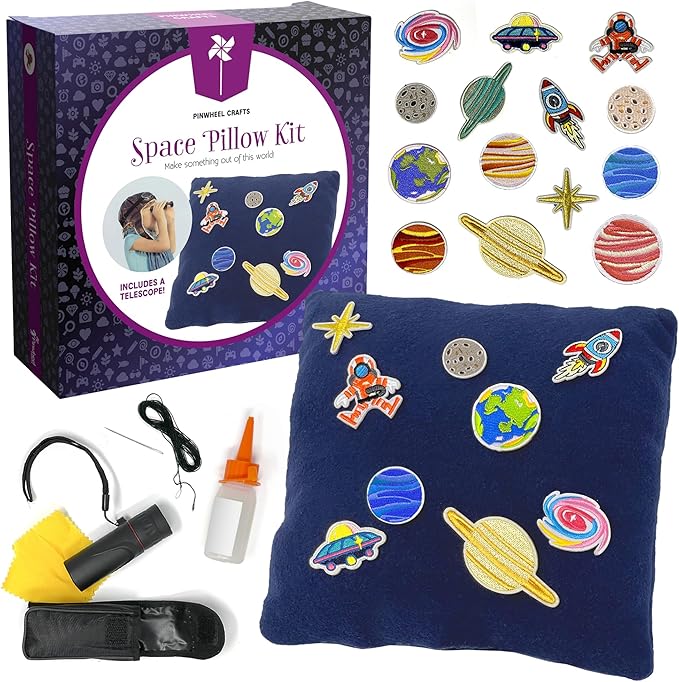 Pinwheel Crafts Beginner Sewing Kit for Kids 8-12 with Telescope - Astronomy Solar System Easy Sew Space Pillow Kit with Planet Patches - Make Your Own Plush Craft