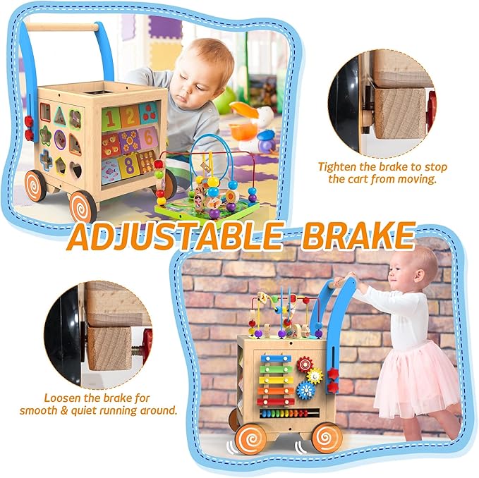 9-in-1 Wooden Activity Cube | Wooden Baby Walker, Sit-to-Stand Learning Walker Activity Center, Early Educational Push & Pull Toys for Baby Toddler Boys Girls, Height & Brake Adjustable