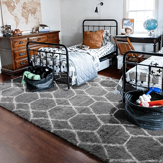ONASAR Area Rugs for Living Room Bedroom, 5x8 Washable Fluffy Grey and White Rug, Geometric Boho Soft Plush Shaggy Fuzzy Floor Carpet for Nursery Kids Girls Boys Teen Dorm Home Decor Aesthetic