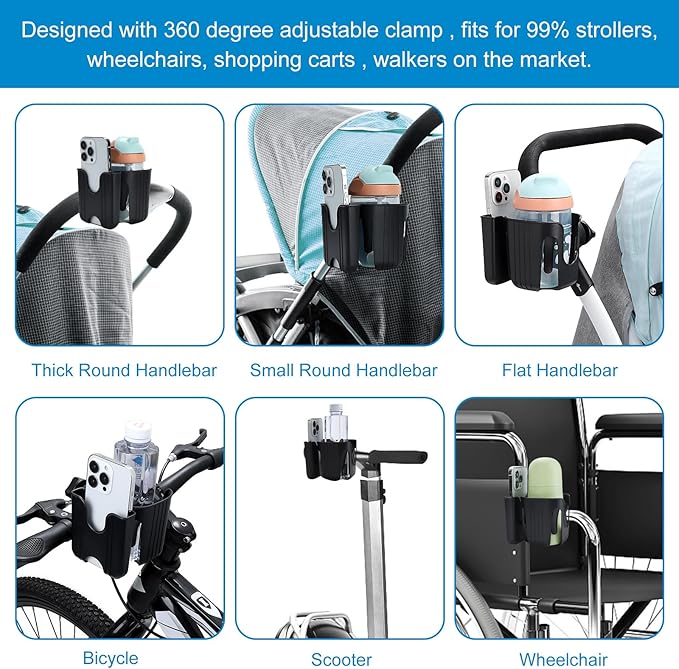 Accmor Stroller Cup Holder with Phone Holder, Bike Cup Holder, Universal Cup Holder for Uppababy Nuna Doona Strollers, 2-in-1 Cup Phone Holder for Stroller, Bike, Wheelchair, Walker, Scooter