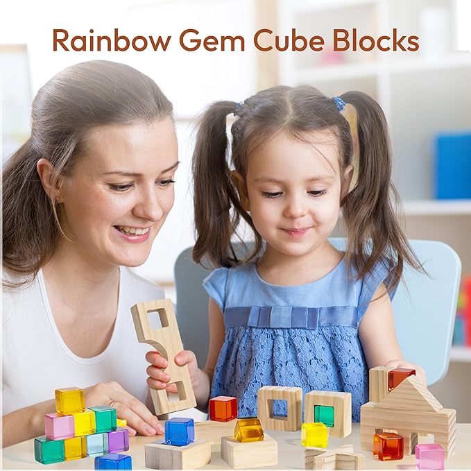 Wooden Rainbow Building Blocks Set for Kids, 22 PCS Wooden Blocks & 25 PCS Gem Cubes Stacking Blocks, Montessori Stacking Toys for Toddlers, Educational STEM Easter Toys for Boys Girls 3-6