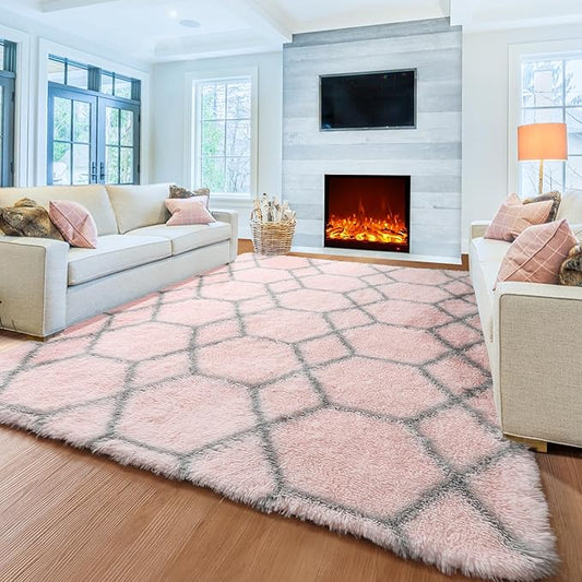 ONASAR Rugs for Living Room Bedroom, 5x8 Washable Fluffy Pink and Grey Area Rug, Geometric Boho Soft Plush Shaggy Fuzzy Floor Carpet for Nursery Kids Girls Boys Teen Dorm Home Decor Aesthetic