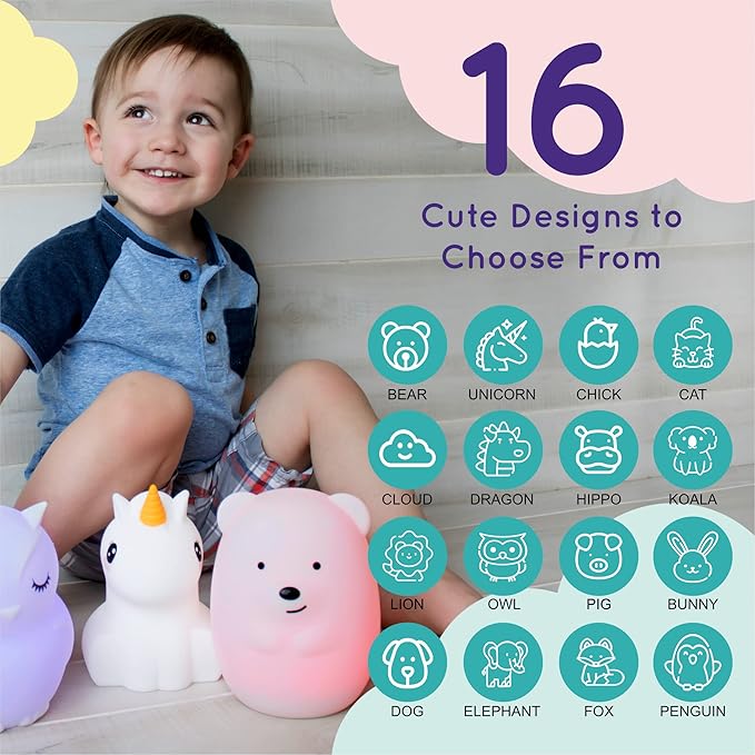 Lumipets Remote Control Silicone Night Light for Kids - Hippo Design with 9 Soft Colors & Sleep Timer - Rechargeable, Battery-Operated Lamp for Bedroom | Baby Nursery, Toddler, Girls, Boys
