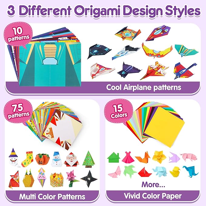 Mocoosy 320 Sheets Origami Kit for Kids Ages 5-8 9-12, Paper Airplane Kit, Color Folding Paper Set with Origami Book, Art & Craft for Boys Girls, Travel Game Airplane Car Road Trip Activity Toy Gifts