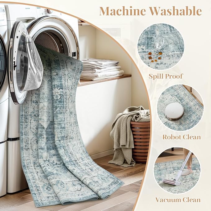 LIVEBOX Washable 2x6 Runner Rug for Bathroom, Non Slip Kitchen Mats for Floor Entryway, Boho Indoor Front Door Mat Low-Pile Runners for Hallways, Farmhouse Rugs for Bath Laundry, Blue