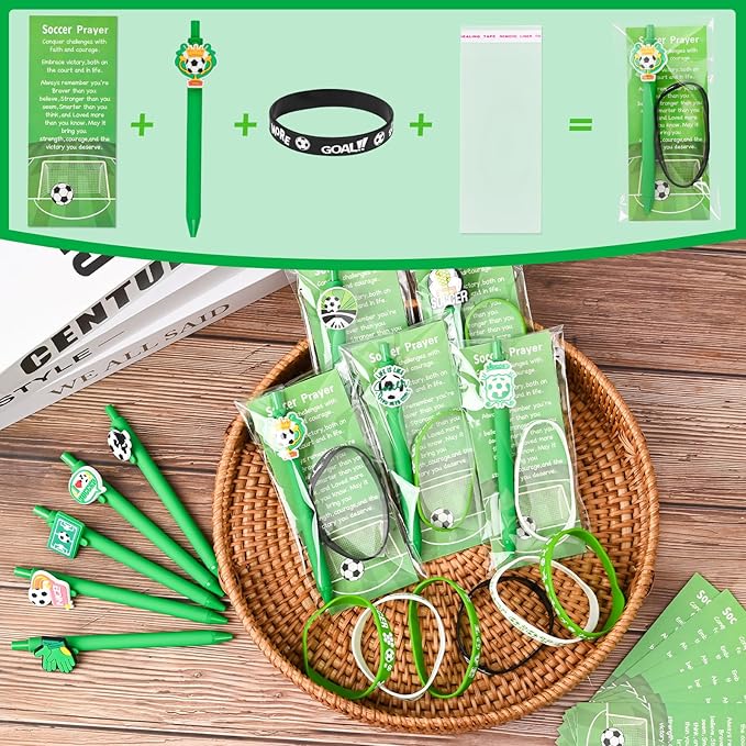 LiYiQ 72 Pcs Soccer Party Favors Soccer Team Gifts Soccer Goodie Bags Stuffers Soccer Ballpoint Pens Bookmark Card and Silicone Bracelet