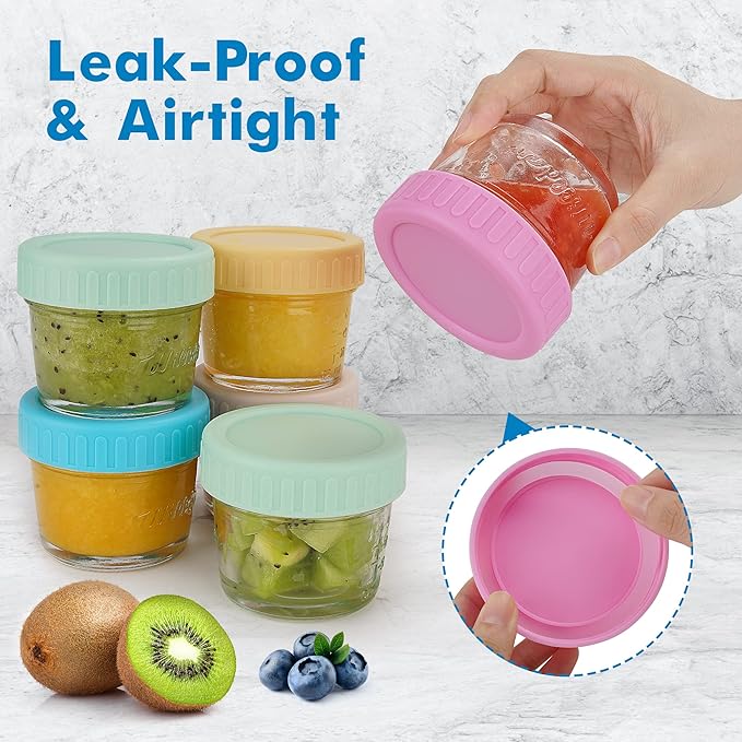 WILLDAN Glass Baby Food Storage Jars w/Lids (4 oz, 6 Pack Set) Snack, Puree, Reusable Small Containers, Breast Milk, Fridge or Freezer, Microwave & Dishwasher Safe, Essential Must Have for Infants