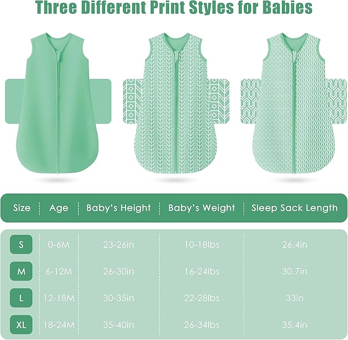 SWEET DOLPHIN Baby Sleep Sack 18-24 Months - 100% Cotton 2-Way Zipper TOG 0.5 Infant Wearable Blanket, Newborn Essentials Toddler 3 Pack Sleeping Sacks - Green