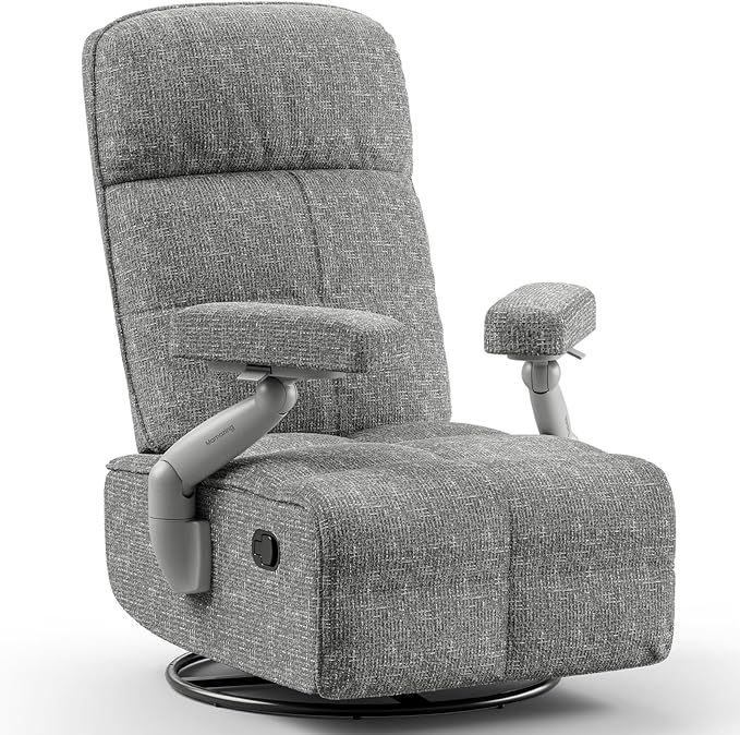 Nursery Swivel Glider Recliner Chair with Adjustable Armrests & Headrest, Rocking Chair Nursery with Removable Cover for Breastfeeding, FSC & Oeko-TEX Certified, Grey