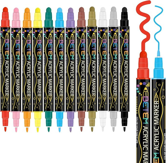 Betem 12 Colors Dual Tip Acrylic Paint Pens Markers, Premium Acrylic Paint Pens for Halloween Decorations, Wood, Canvas, Stone, Rock Painting, Glass, Ceramic Surfaces, Pumpkin Painting Kit DIY Crafts