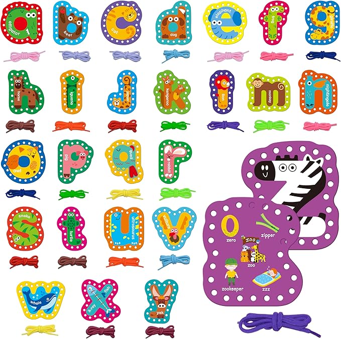 26PCS Alphabet Lacing Cards, Lowercase Letters Sewing Kit with 26 Double-Sided Cards and 26 Colorful Laces Alphabet Learning Toy Motor Skills Art Crafts for Toddlers, Kids, Students