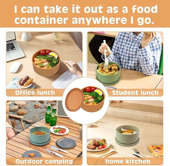 XU&PEIQI 24oz Covered Silicone Lunch Salad Bowl, Round Fruit & Snack Container, Perfect for Meal Prep & Leftovers, Soup & Stew Storage, Safe for Microwave, Fridge, Dishwasher, BPA-Free.(Brown)