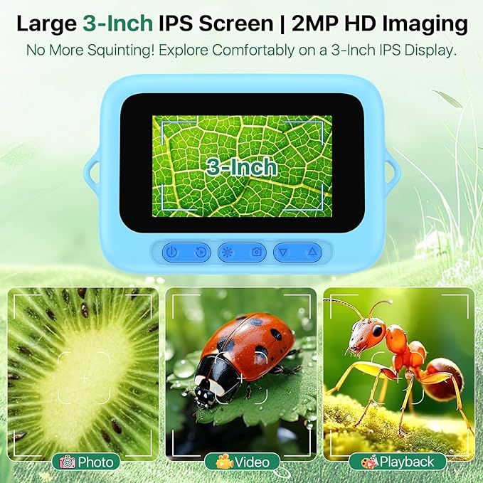 Digital Handheld Microscope for Kids: 3.0" Large HD Screen 1000X Portable Mini Microscopes with Camera Video Recording Slides Kit Science Educational Boys Girls Toy Gifts
