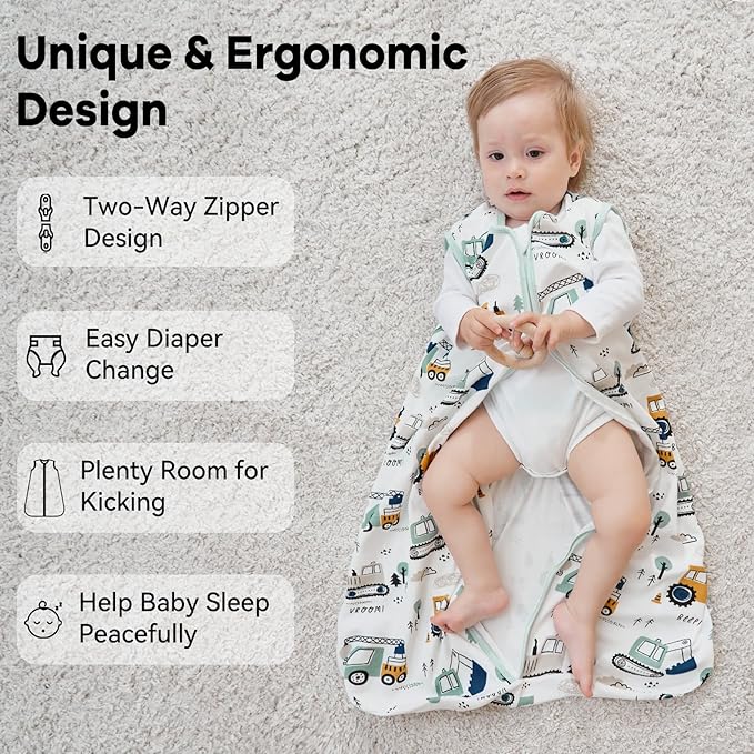 Baby Sleep Sack 0-6 Months 0.5 Tog Wearable Blanket Baby, 3 Pack 100% Cotton Lightweight Sleeping Sack with 2-Way Zipper for Newborn Infant Excavator