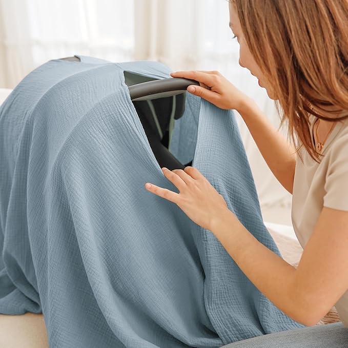 Konssy Muslin Nursing Cover for Breastfeeding, 360° Full Privacy Breathable 100% Cotton Breastfeeding Cover, Multi-use Carseat Canopy(Blue)