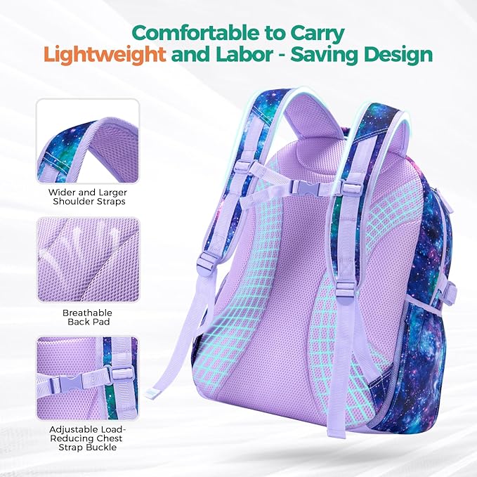Choco Mocha Sloth Backpack for Girls, Elementary School Backpack for Girls Ages 6-8 Kids Kindergarten Backpack Large Bookbag 18 Inch with Chest Strap, Purple
