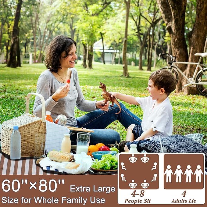 Striped Picnic Blanket Waterproof & Sand Proof, 5-Layer Beach Blanket Portable with Carry Strap, Extra Large Foldable Picnic Rug Machine Washable for Camping Party,Wet Grass,Kids Playground