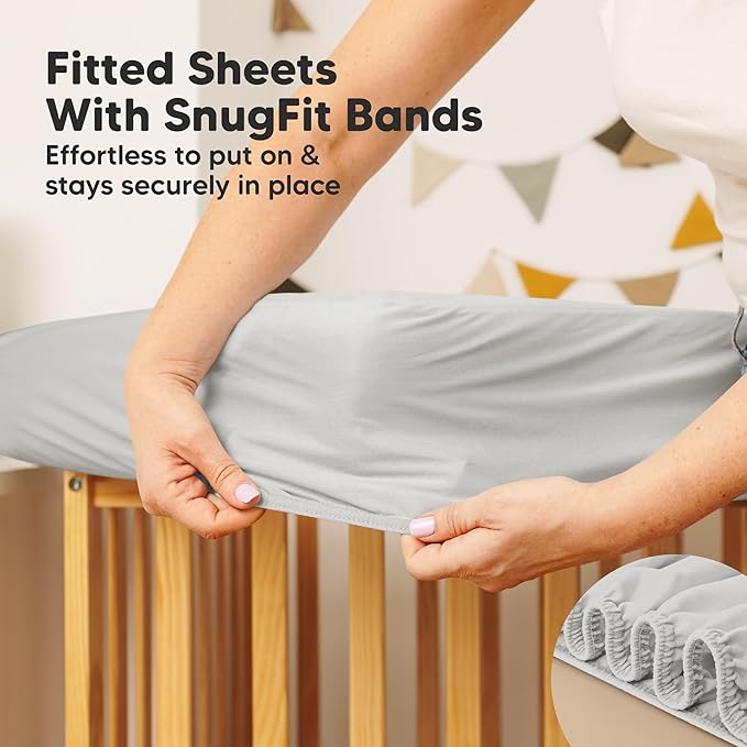 Waterproof Crib Mattress Protector Cover Fitted - 2-Pack Quiet Baby Crib Mattress Pad Sheets, 52" x 28" Soft Quilted Cotton Baby Sheet, Machine Washable, Easy Fit, Durable (Pearl Gray/Mavy)