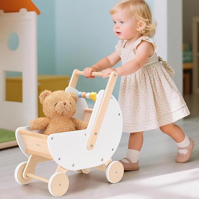 Wooden Baby Walker & Doll Stroller – Adjustable Handle Push Cart, Anti‑Tip, Quiet Wheels, Pretend Shopping Cart – Montessori Wooden Walker for Babies , Doll Stroller for Toddlers 12m+