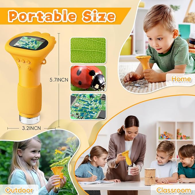 Microscope for Kids, Ahalfcit Microscope with 2'' Inch Screen -1000X Zoom Portable Camera, Birthday for 3 4 5 6 7 8 9 0 11 12 Years Old Kids,Science Educational Toys - Yellow