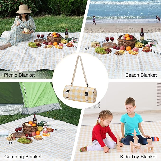 Picnic Blanket, 80''x80'' Waterproof Outdoor Blankets, Picnic Mat Washable for Beach, Picnic Blankets for Camping on Grass with Shoulder Strap - Yellow & White