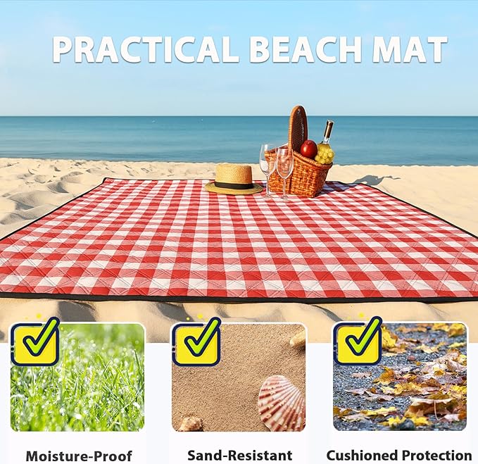 TigeJoy Extra Large Picnic Blanket Waterproof Foldable 60''x80'', Outdoor Picnic Mat Beach Blanket Sandproof for Park, Grass, Travel, Hiking, Camping Essentials, Gingham Picnic Blanket
