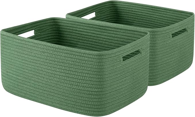 OIAHOMY Storage Basket for Shelves, Closet Cube Storage Bins Baskets for Clothes Blanket Towels, Baby Nursery, Toy Baskets Box, Woven Rope Basket, 17.72*12.99*7.87 IN, 2 Packs Olive Green