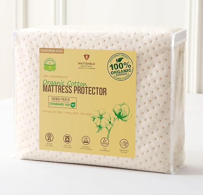 Luxury Waterproof Organic Mattress Protector Calif King - Organic Cotton Breathable Mattress Pad Cover - New 380 GSM Comfort - Deep Pocket - Jersey Cotton Skirt - Fitted Comfort