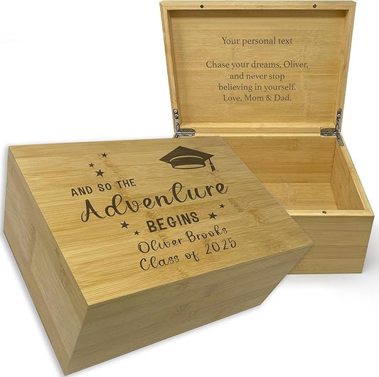 Graduation Keepsake Box 2025 - Personalized Graduation Gifts for Him Her, Custom Engraved High School Keepsake Organizer Boys Girls, School Years Memory Box, Card Cap and Gown Storage Congrats Grad