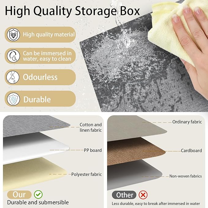 Yawinhe Collapsible Storage Bin, Cube Organizer Basket, Fabric Box with Lids, Washable and Leather Handle, for Home, Closet, White/Grey, 13.0''Lx9.0''Wx7.9''H, 5-Pack, SNK024WGS-5