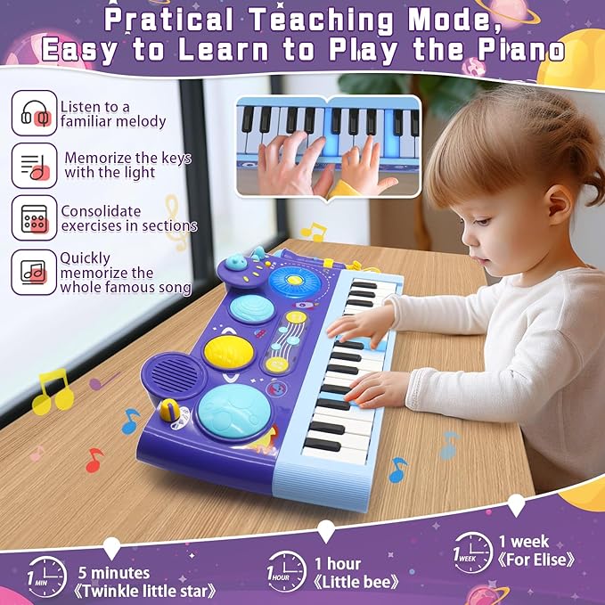 Mostop Toddler Musical Toys 5 in 1 Piano Keyboard Xylophone Drum with Microphone, DJ Table Instruments Learning Toys with Lights for Boys Girls Age 2-5, Kids Piano Drum Set Christmas Birthday Gift