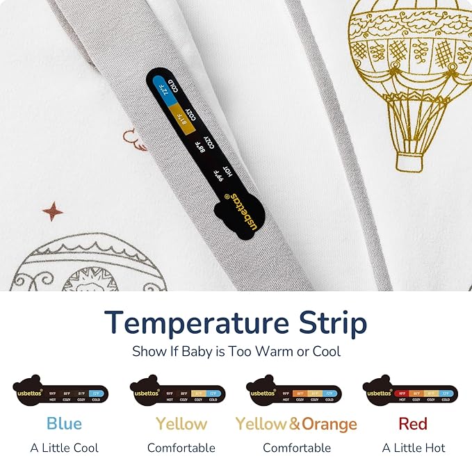 Baby Sleep Sack 3-6 Months, Cotton Detachable Long Sleeve Sleep Sack, 1.0 Tog Toddler Sleeping Sack with Temperature Strips, 2-Way Zipper Wearable Blankets for Newborns, Hot Air Balloon