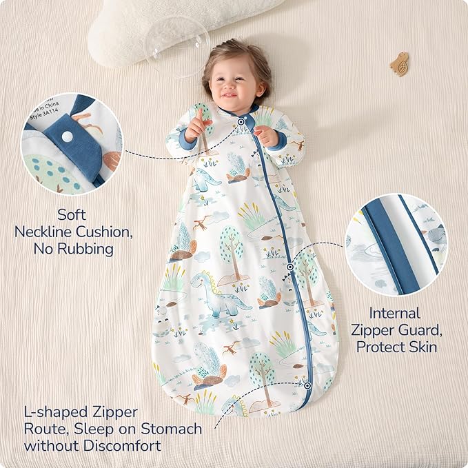 Baby Sleep Sack 6-12 Months, Cotton Detachable Long Sleeve Sleep Sack, 1.0 Tog Toddler Sleeping Sack with Temperature Strips, 2-Way Zipper Wearable Blankets for Newborns, Dinosaur