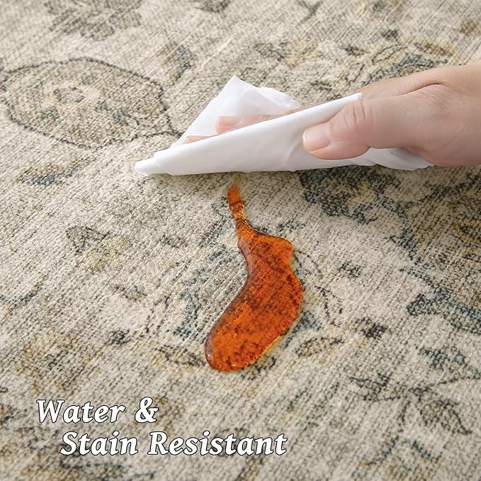 Washable 9x12 Area Rugs for Living Room, Boho Non-Slip Silicone Backing Rugs for Bedroom Dining Room Nursery Office, 0.3" Neutral Oriental Throw Carpet with 0.16" Cushioning Pad, Light Brown/Multi
