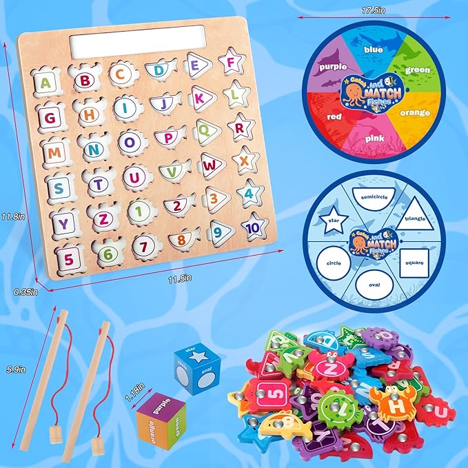 Wooden Montessori Toys for Toddlers 3-5, Magnetic Fishing Games, Color and Shape Sorting Sensory, Letter& Number Educational Toys for 3 4 5 6 Girls Boys Preschool Educational