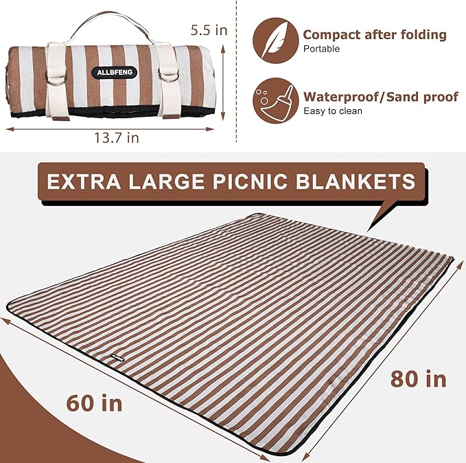 Striped Picnic Blanket Waterproof & Sand Proof, 5-Layer Beach Blanket Portable with Carry Strap, Extra Large Foldable Picnic Rug Machine Washable for Camping Party,Wet Grass,Kids Playground