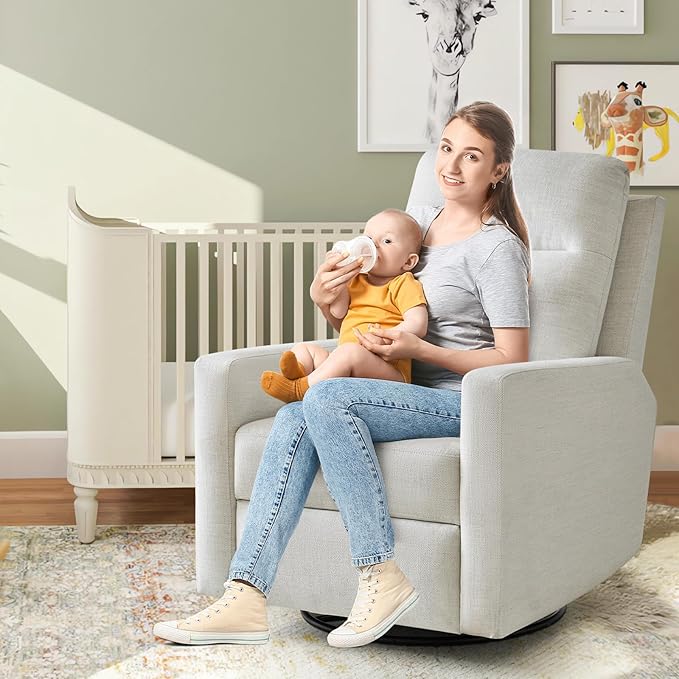 Power Swivel Recliner Chair – Nursery Glider Rocker with USB & Type-C, High Back Reclining Chair for Breastfeeding & Baby Room, Linen Fabric, Beige Grey