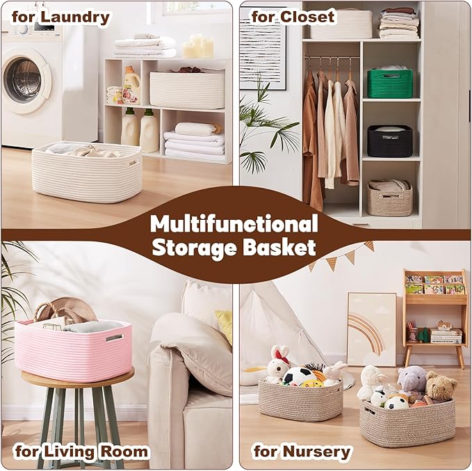 OIAHOMY Storage Basket for Shelves, Closet Cube Storage Bins Baskets for Clothes Blanket Towels, Baby Nursery, Toy Baskets Box, Woven Rope Basket, 15.75*11.81*7.09 IN, 2 Packs White