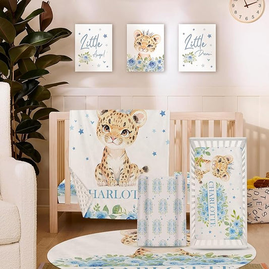 Personalized Nursery Crib Bedding Set: Custom Name Blue Floral 5 Piece Baby Crib Sets with Leopard Theme - Toddler Double Layer Blanket Set, Comfortable Crib Bed Sheets for Baby Grils