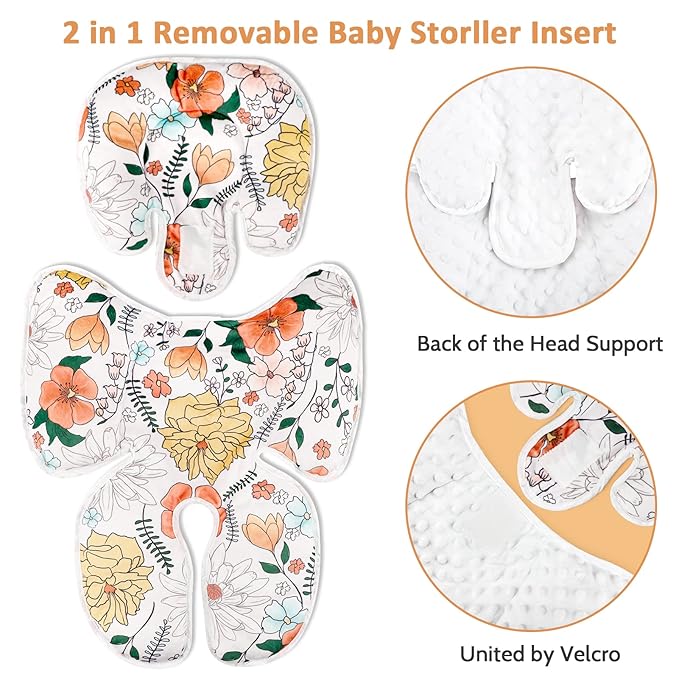 Pea Pod Baby Car Seat Head Support for Newborn, 2 in 1 Infant Car Seat Head Body Support for Girls Extra Soft Breathable Baby Car Seat Cushion Insert for Strollers, Swings, Bouncers, (Retro Floral)