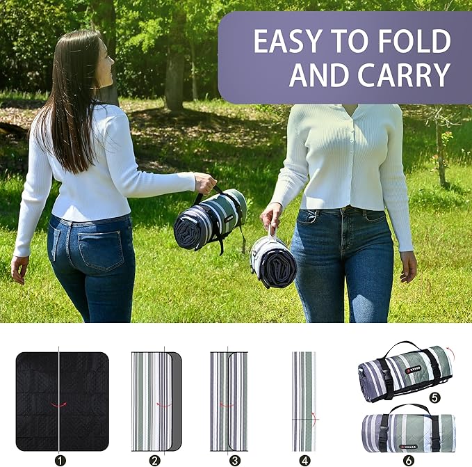 HX&OD Outdoor Picnic Blanket Extra Large, 80''*80' Waterproof Picnic Mat with Stakes Foldable Camping Blanket Portable with Carry Strap for Beach Mat (Green, 80''*80'')