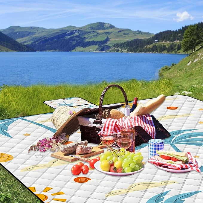 Extra Large Picnic Blanket Waterproof,80"x 80"Foldable Machine Washable Beach Blanket,Outdoor Blanket for 6-8 Adults,Suitable for Indoor Crawling,Park Beach,Camping,Hiking,Family Travel(Island)