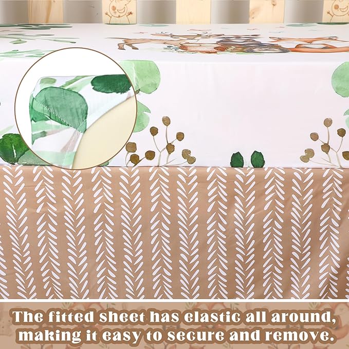 3 Pcs Baby Crib Bedding Set Safari Animals Dinosaurs Bear Woodland Animals Jungle Crib Set Includes Quilt, Fitted Sheet, Skirt for Baby Boy Girl(Green,Woodland Raccoons Deer Etc.)