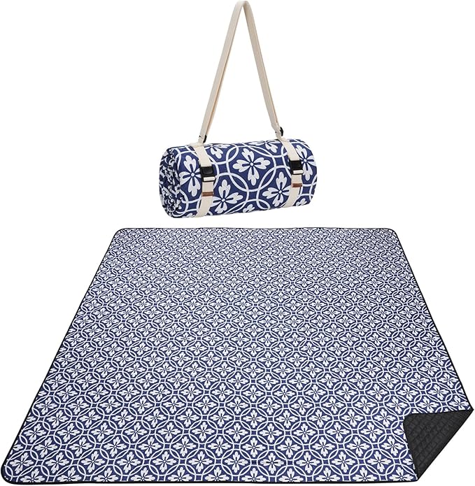 Picnic Blanket, 80''x80'' Waterproof Outdoor Blankets, Picnic Mat Washable for Beach, Picnic Blankets for Camping on Grass with Shoulder Strap - NavyBlue
