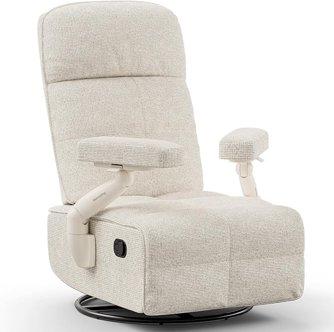 Nursery Swivel Glider Recliner Chair with Adjustable Armrests & Headrest, Rocking Chair Nursery with Removable Cover for Breastfeeding, FSC & Oeko-TEX Certified, Beige