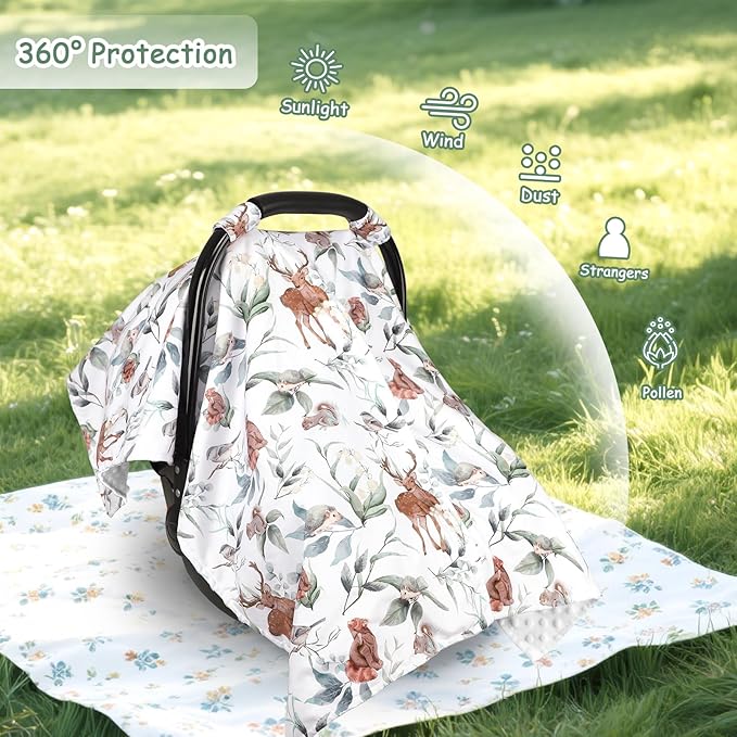 TANOFAR Baby Carseat Canopy, Peekaboo Opening Car Seat Canopy for Babies, Soft and Breathable Infant Carrier Canopy, Multi-use Baby Carrier, Stroller, Nursing Cover, Minky Blanket, Animal Leaf
