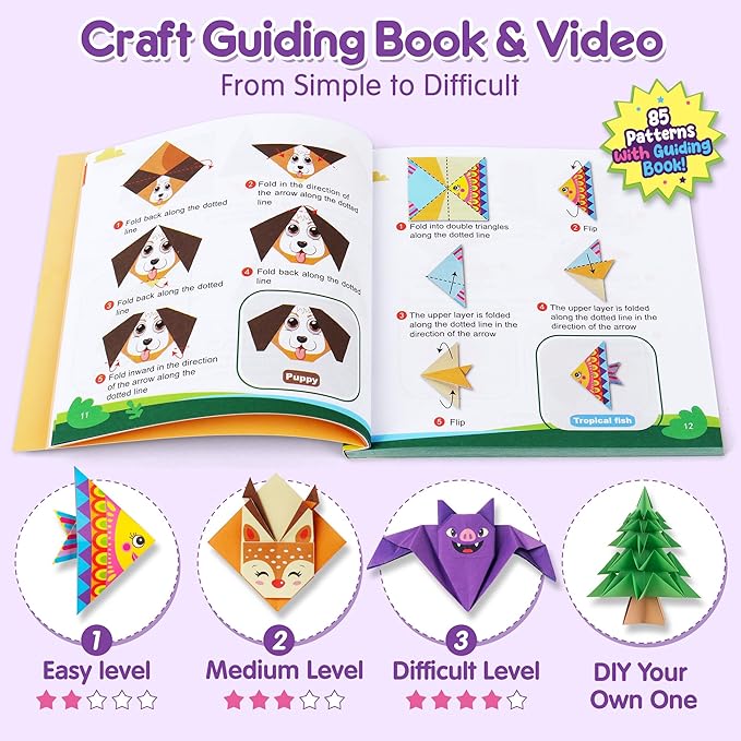 Mocoosy 320 Sheets Origami Kit for Kids Ages 5-8 9-12, Paper Airplane Kit, Color Folding Paper Set with Origami Book, Art & Craft for Boys Girls, Travel Game Airplane Car Road Trip Activity Toy Gifts