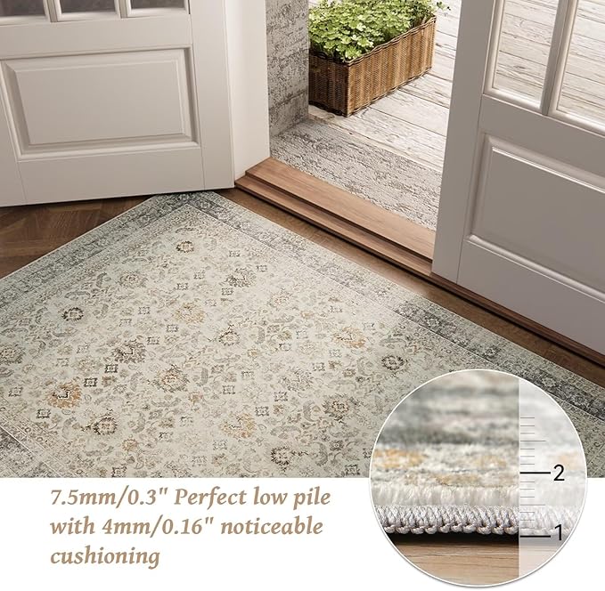 Washable 5x7 Area Rugs for Living Room, Boho Non-Slip Silicone Backing Rugs for Bedroom Dining Room Nursery Office, 0.3" Neutral Oriental Throw Carpet with 0.16" Cushioning Pad, Grey/Multi
